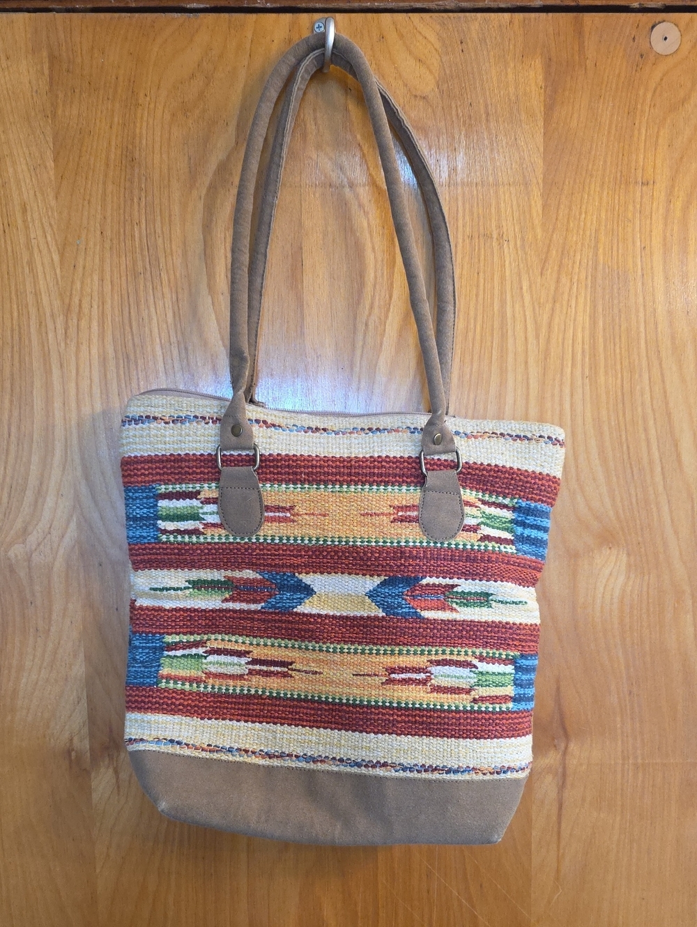 Pine Creek Southwestern Pattern Woven Bag with Tan Faux Suede Trim